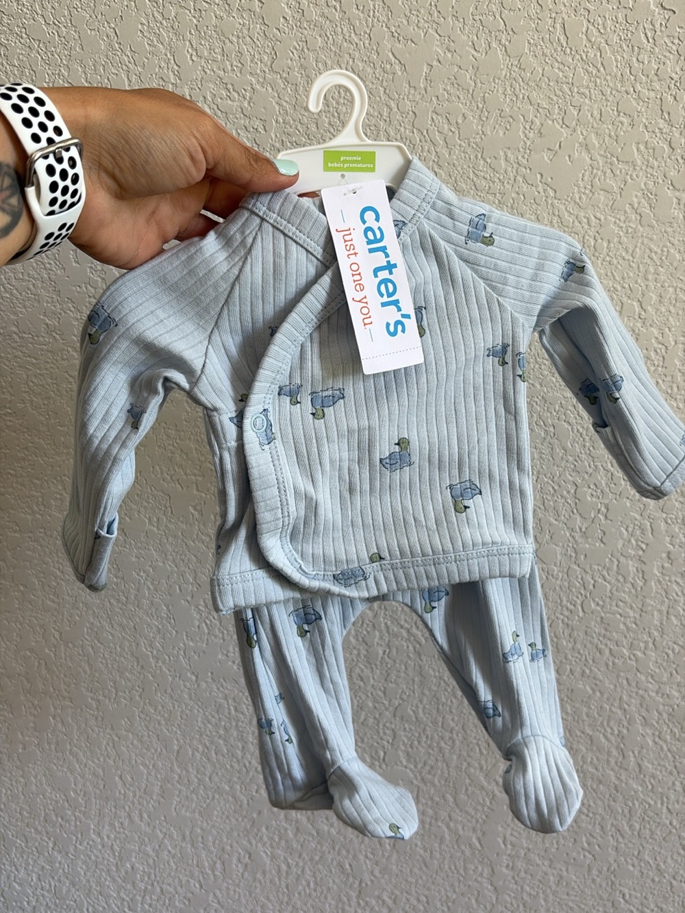 Carter's Pale Blue Ribbed Baby Wrap Top & Footed Pants with Duck Print